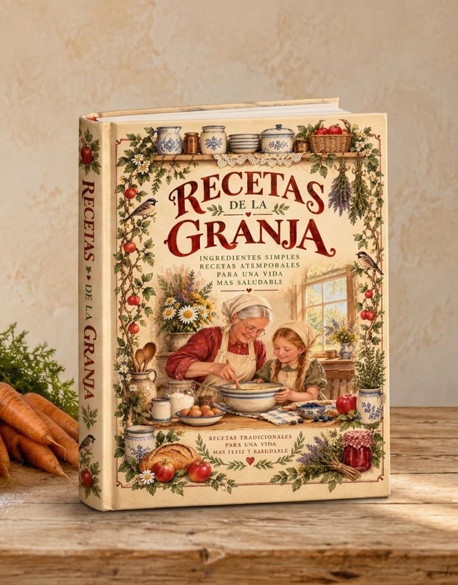 Libro Recetas de la Granja de pie sobre una mesa de madera, junto a bananas y zanahorias